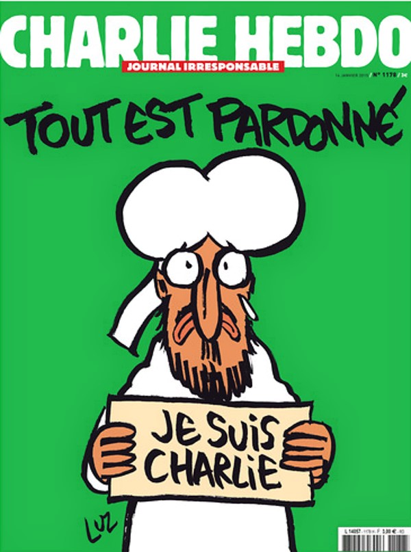 "Everything is forgiven." But is it? Cover of Charlie Hebdo magazine published today.
