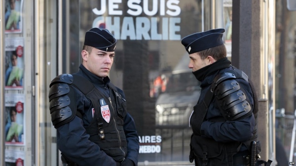 French police officers at rally site in Paris. BBC reports that about 2000 police and 1350 soldiers will be present for the massive rally that will be held today.